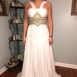 White prom dress with gold and yellow beading